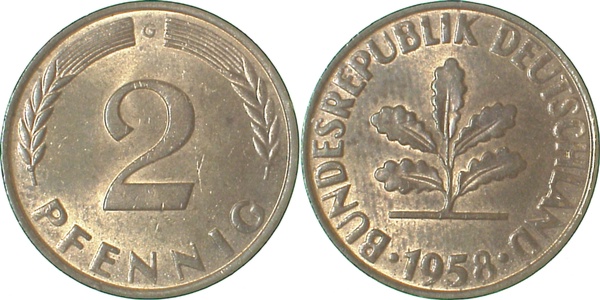 2 Pfennig 1958 G vz/stgl J381 vz / stgl 2 Pfennig