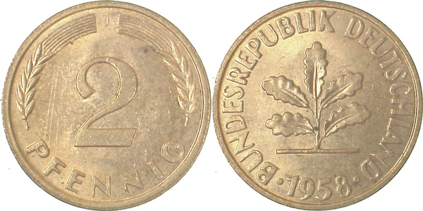 2 Pfennig 1958 J bfr/stgl J381 bfr / stgl 2 Pfennig
