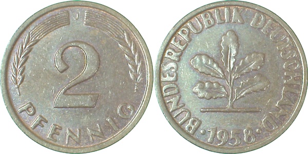 2 Pfennig 1958 J vz/stgl J381 vz / stgl 2 Pfennig