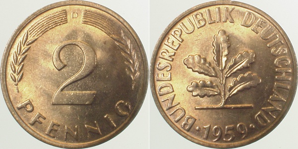 2 Pfennig 1959 D bfr/stgl J381 bfr / stgl 2 Pfennig