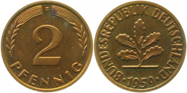 2 Pfennig 1959 F PP Proof Auflage: 75 Exemplare