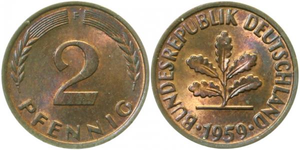 2 Pfennig 1959 F herrliche Patina J381