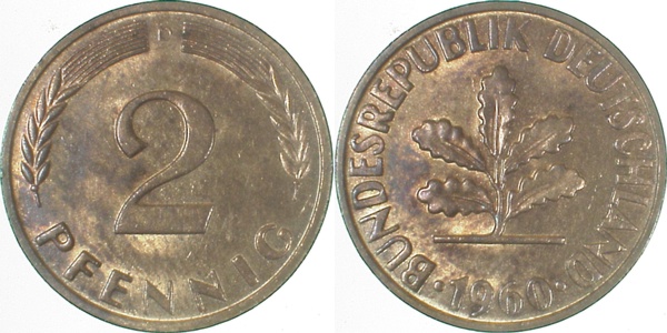 2 Pfennig 1960 D bfr/stgl J381 bfr / stgl 2 Pfennig