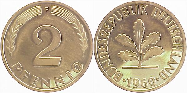 2 Pfennig 1960 F PP Proof Auflage 75 Exemplare