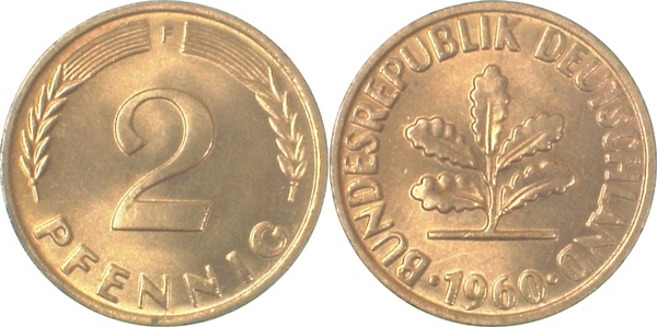 2 Pfennig 1960 F stgl fein ! J381 stgl 2 Pfennig