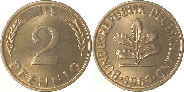 2 Pfennig 1960 F stgl Erstabschlag ! ! J381