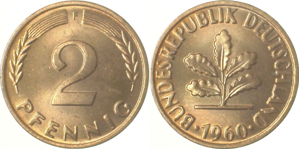 2 Pfennig 1960 F bfr/stgl J381 bfr / stgl 2 Pfennig