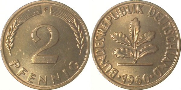 2 Pfennig 1960 F bfr/stgl Erstabschlag (Ea)! ! J381 bfr / stgl 2 Pfennig