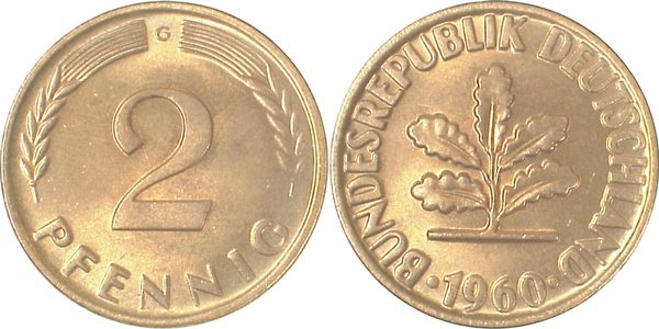 2 Pfennig 1960 G st fein! J381 2 Pfennig