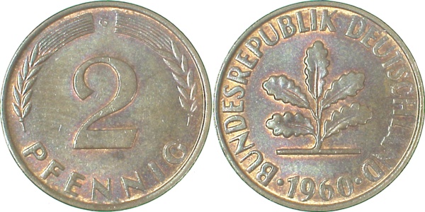 2 Pfennig 1960 G bfr/stgl J381 bfr / stgl 2 Pfennig