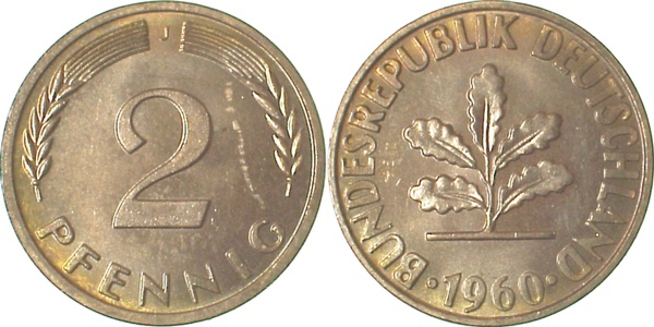 2 Pfennig 1960 J bfr/stgl J381 bfr / stgl 2 Pfennig
