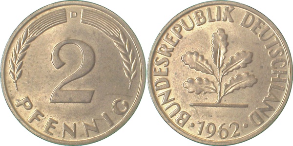 2 Pfennig 1962 D bfr/stgl J381 bfr / stgl 2 Pfennig