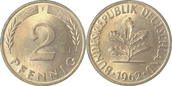 2 Pfennig 1962 F bfr/stgl Erstabschlag (Ea)! ! J381 bfr / stgl 2 Pfennig