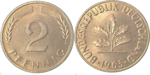 2 Pfennig 1963 J stempelglanz Erstabschlag J381
