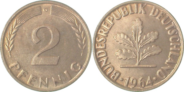 2 Pfennig 1964 G J381 bankfrisch/stempelglanz