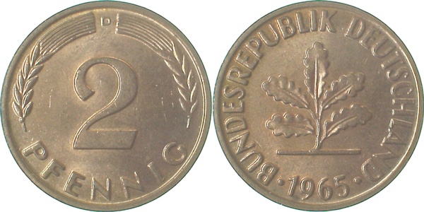2 Pfennig 1965 D stgl Erstabschlag (Ea)! ! J381 stgl 2 Pfennig