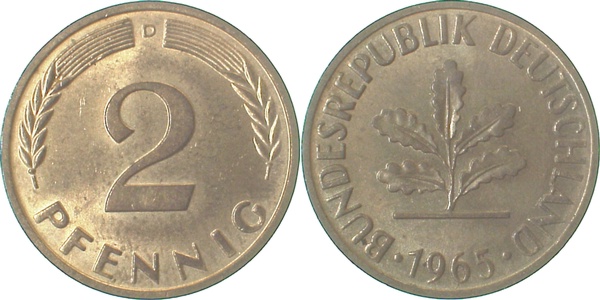 2 Pfennig 1965 D stgl Rs Patina J381 stgl 2 Pfennig
