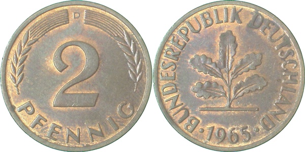 2 Pfennig 1965 D stgl leicht Patina J381 stgl 2 Pfennig