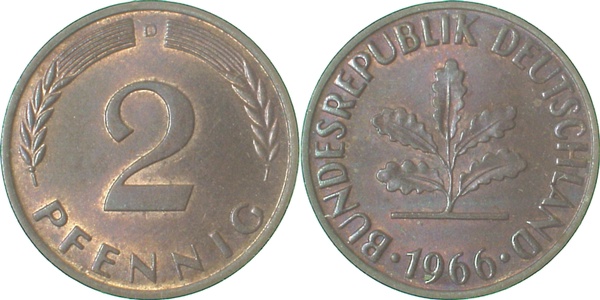 2 Pfennig 1966 D stgl/schöne Patina J381 2 Pfennig