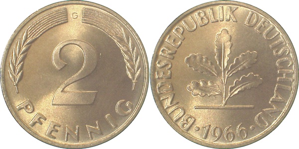 2 Pfennig 1966 G stgl/fein! J381 stgl/fein! 2 Pfennig