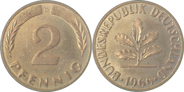 2 Pfennig 1966 G stgl Ea ! J381 stgl 2 Pfennig