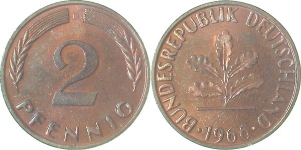 2 Pfennig 1966 G bfr/st Erstabschlag (Ea)! ! Patina J381 bfr / st 2 Pfennig