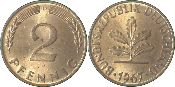 2 Pfennig 1967 D bfr/stgl J381 bfr / stgl 2 Pfennig