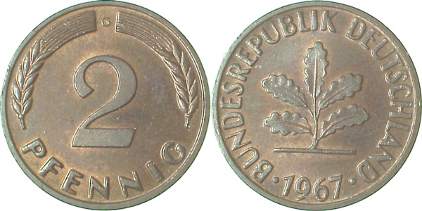 2 Pfennig 1967 G st/fein sch patina J381 st/fein 2 Pfennig