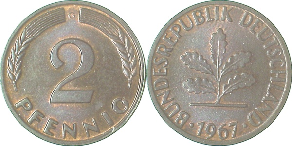 2 Pfennig 1967 G bfr/st J381 bfr / st 2 Pfennig