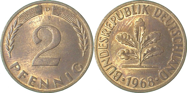 2 Pfennig 1968 D bfr Cu
