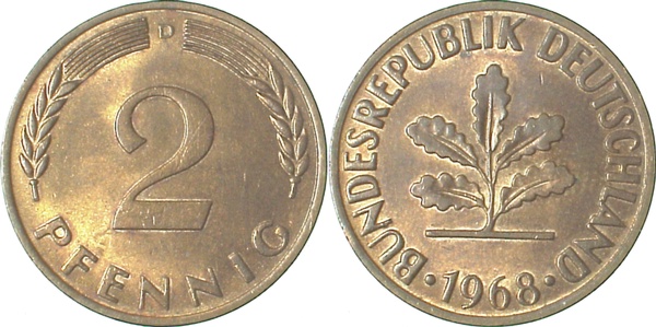 2 Pfennig 1968 D Deutschland J381 bfr/stgl Cu