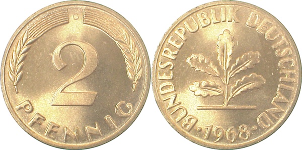 2 Pfennig 1968 G Cu stgl fein ! J381 2 Pfennig
