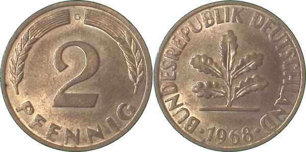 2 Pfennig 1968 G stgl Fe J381a stgl 2 Pfennig