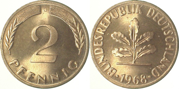 2 Pfennig 1968 G bfr/stgl Cu J381 bfr / stgl 2 Pfennig