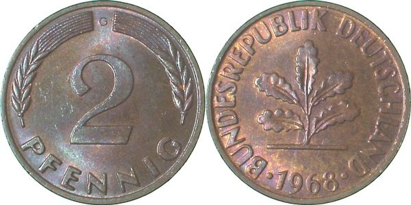 2 Pfennig 1968 G bfr/stgl Cu Patina J381 bfr / stgl 2 Pfennig