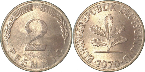 2 Pfennig 1970 D bfr J381 bfr 2 Pfennig