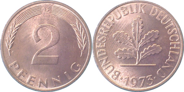 2 Pfennig 1973 G bf/st durchg.grann