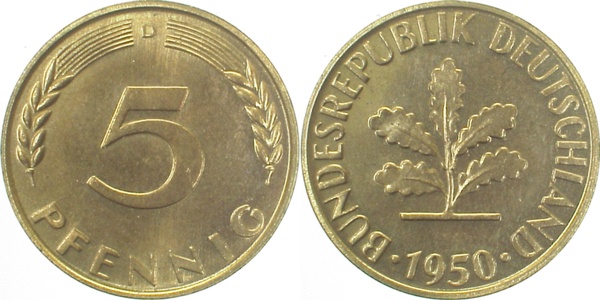 5 Pfennig 1950 D Pp J382 Pp 5 Pfennig
