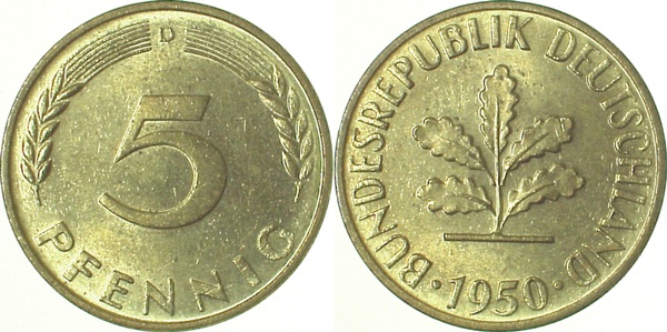 5 Pfennig 1950 D bfr J382 bfr 5 Pfennig