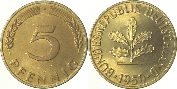 5 Pfennig 1950 F, stgl fein TOP