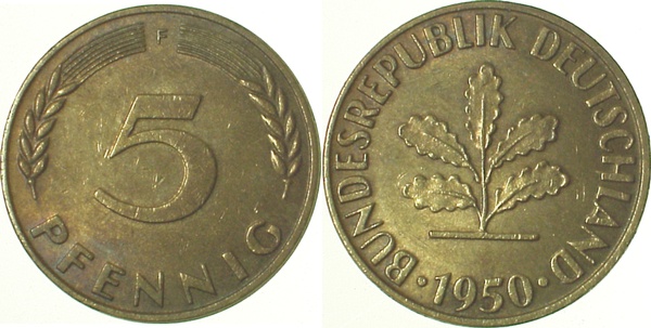 5 Pfennig 1950 F vz/st J382 vz/st 5 Pfennig