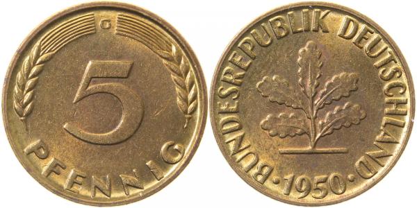 5 Pfennig 1950 G bfr/st J382 bfr / st 5 Pfennig