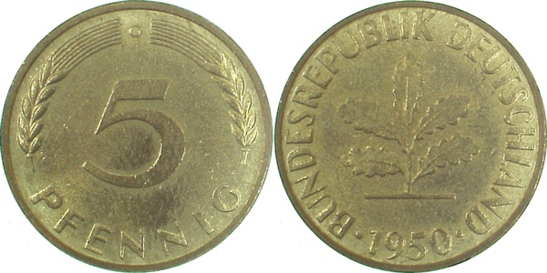 5 Pfennig 1950 G bfr/st Erstabschlag (Ea)! ! J382 bfr / st 5 Pfennig