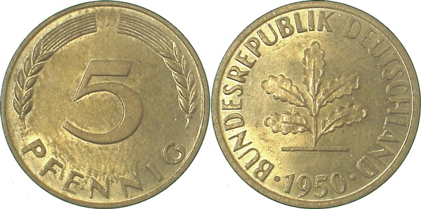 5 Pfennig 1950 J Stempelglanz J382