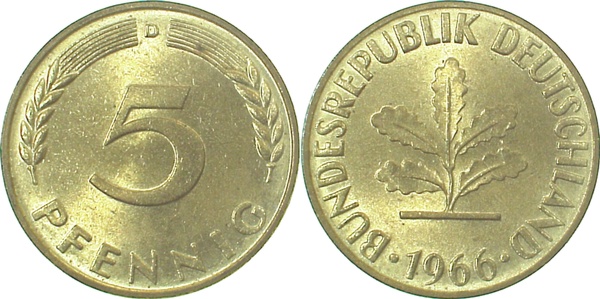 5 Pfennig 1966 D bfr/stgl J382 bfr / stgl 5 Pfennig