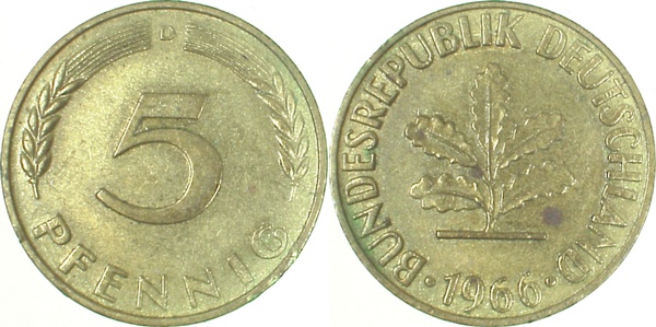 5 Pfennig 1966 D vz/st J382 vz/st 5 Pfennig