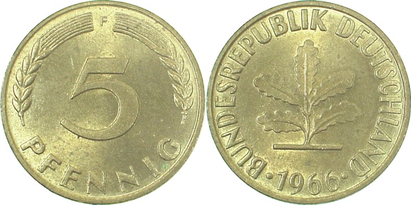 5 Pfennig 1966 F bfr/stgl J382 bfr / stgl 5 Pfennig