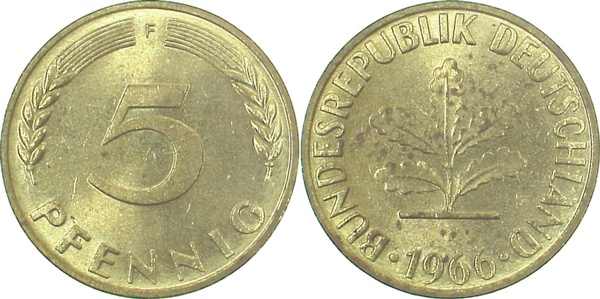 5 Pfennig 1966 F etw fleckig J382 5 Pfennig