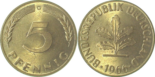 5 Pfennig 1966 G bfr/stgl J382 bfr / stgl 5 Pfennig