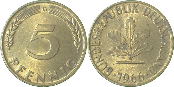 5 Pfennig 1966 J bfr/stgl etw fleck J382 bfr / stgl 5 Pfennig